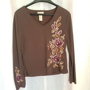 Apostrophe Brown Embroidered Floral Long Sleeve Top Artsy Woman Petite M 10/12